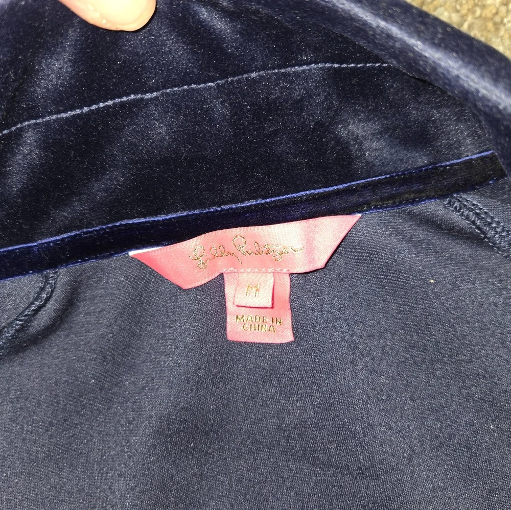 Lilly Pultzer Navy Pullover with Pink Accents, Velour, EUC - Picture 4 of 5
